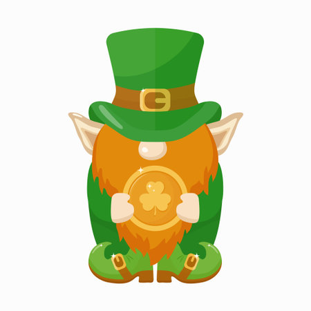 Cartoon leprechaun gnome with an orange beard and green hat holding a gold coin with a clover. For St. Patricks Day celebration design. A design element for a traditional Irish holidayのイラスト素材