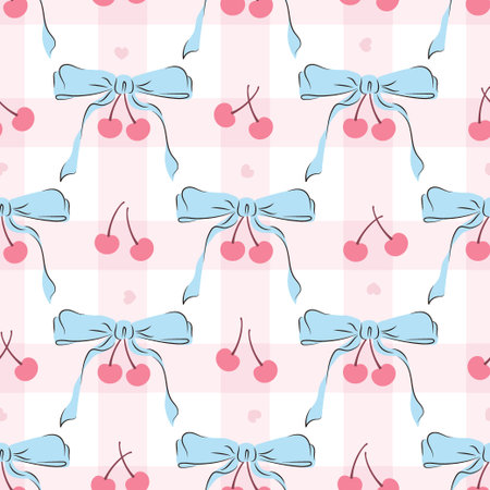 Coquette Seamless pattern with blue bows and pink cherries on a plaid background. Trendy preppy fruit print. Decorative textile print for wrapping paper, scrapbooking, home textiles, and fabric.のイラスト素材