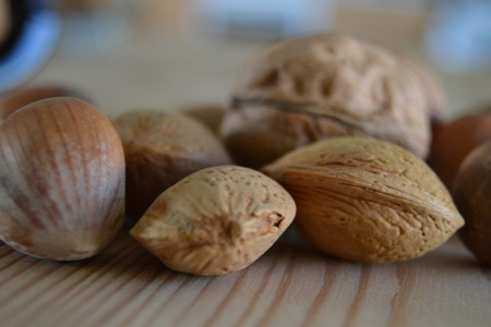 nuts on a wooden table