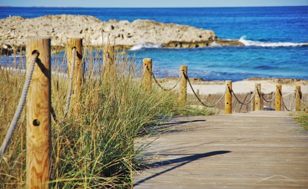 wooden passage to the blue seaの写真素材