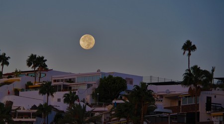 Full Moon over the residential buildingsの写真素材
