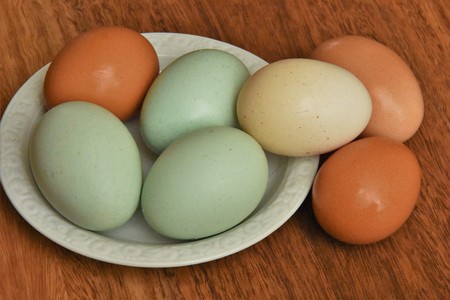chicken eggs on a saucer and a tableの写真素材