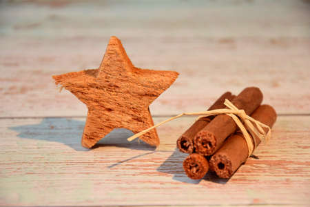 christmas decorations on wood white tableの写真素材