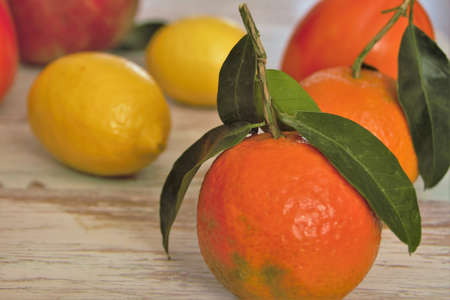 tangerine with green leaves and lemon