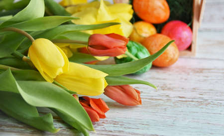 tulips, daffodils and painted Easter eggsの写真素材
