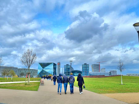 People walk along the pedestrian walkway in the city center of Berlin.の写真素材