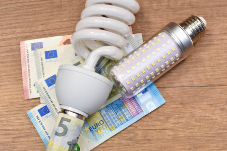 energy saving lamps and euro bills on a wooden tableの写真素材