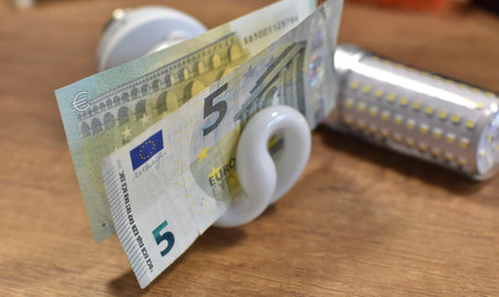 Energy saving light bulbs and euro money banknotes. Energy saving conceptの写真素材