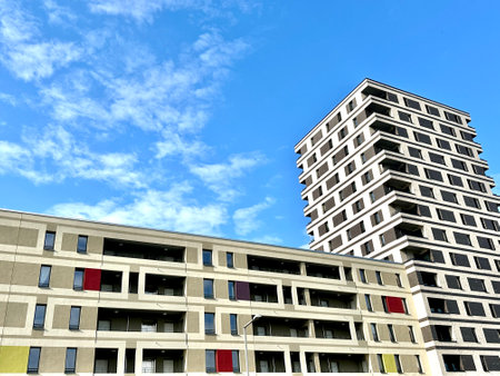 Modern apartment buildings on a sunny day with a blue sky. Facade of a modern apartment buildingの写真素材