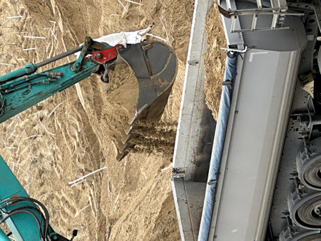 Excavator working on the construction site, closeup of photo