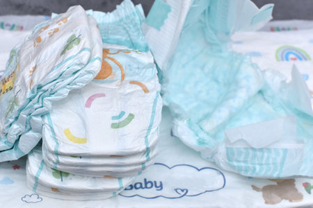 a pile of new baby diapers close-upの写真素材