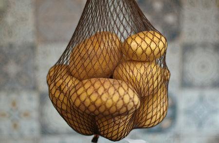 raw clean young potatoes hanging in a netの写真素材