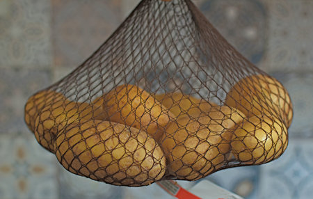 raw clean young potatoes hanging in a net