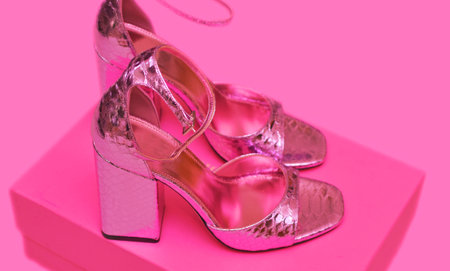 pink glittery sandals with wide high heels stood on a boxの写真素材