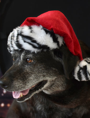 Black senior dog wearing a red Christmas Santa hat on a black background