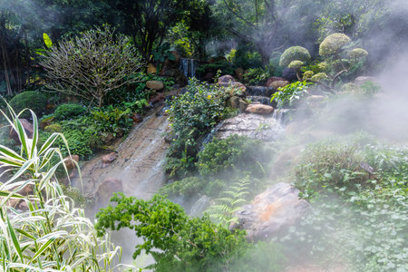 Beautiful waterfall in the garden with fog and sunlight, Thailand.の写真素材