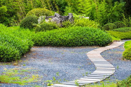 Stone walkway in the garden with green grass and trees background.の写真素材