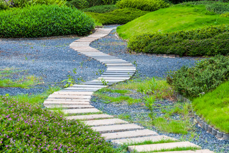Walkway in the garden with stone walkway and green grass.の写真素材