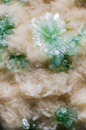 Rice pudding with green sugar, closeup. Whole background.の写真素材