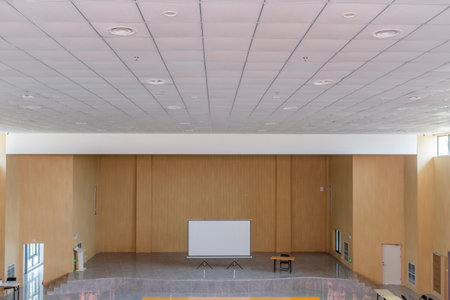 Interior of a modern conference hall with a blank whiteboard.の写真素材