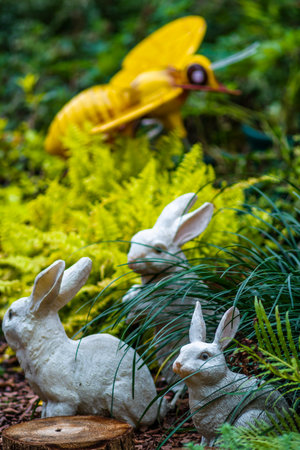 Rabbits in the garden. Easter decoration. Selective focus.の写真素材