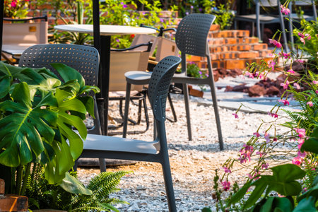 Outdoor patio in the garden with chair and table, stock photoの写真素材