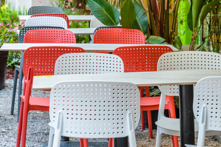 Red and white table and chair in coffee shop, stock photo imageの写真素材
