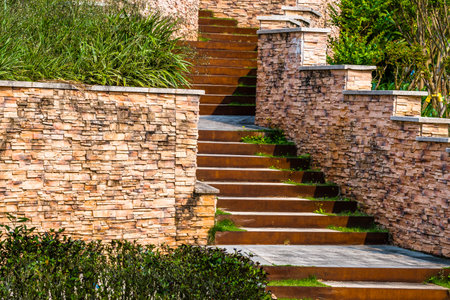 Stone stairs in the garden, Thailand. (Selective focus)の写真素材