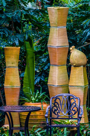 Ceramic vase decoration in garden, Thailand. (Selective focus)の写真素材