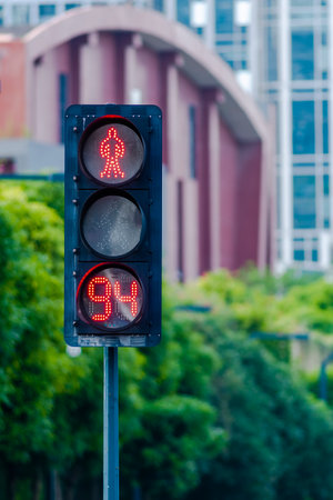 Traffic light with red signal stop in the city. Selective focus.の写真素材