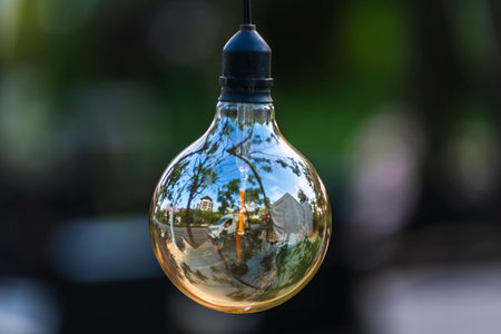 Vintage light bulb in the garden with bokeh background.の写真素材