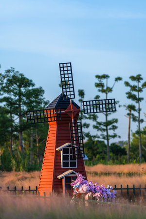 Wooden windmill in the field with blue sky background, Thailand.の写真素材