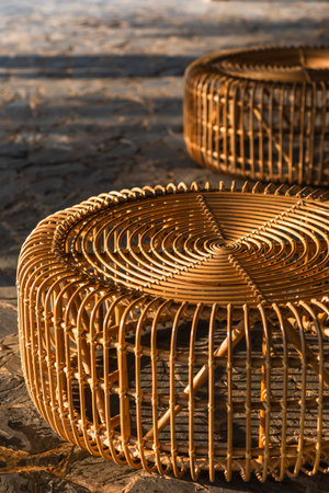 Close up of a wicker chair made of rattan, Thailand.の写真素材