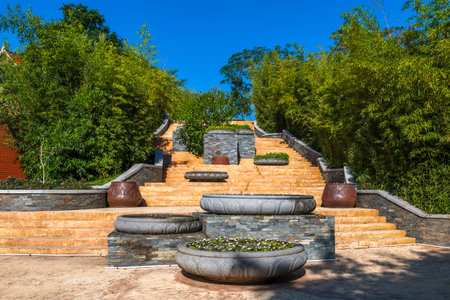 Stone stairway in the garden at Wat Pho, Bangkok, Thailandの写真素材