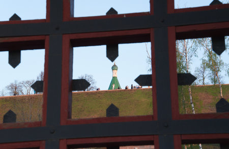 Nizhniy Novgorod, Russian Federation, April 27, 2023, The dome of the temple framed by the frame of the fortress gateのeditorial素材