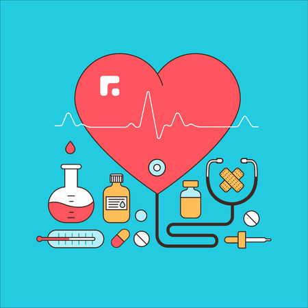 Medicine background with pills, medical and lab equipments. Design elements for mobile, web applications.のイラスト素材