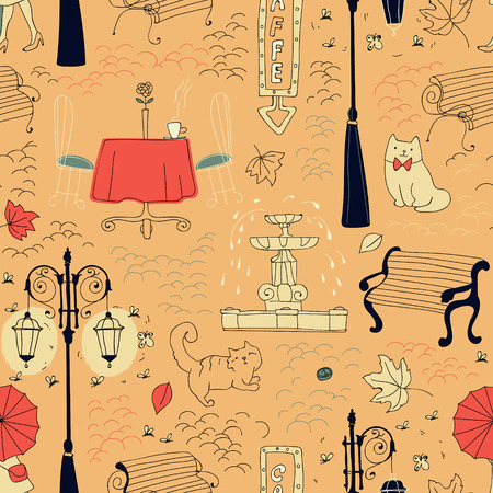 Seamless pattern in draft style with the fountain, lantern, city cats, paving, girl with an umbrella.のイラスト素材