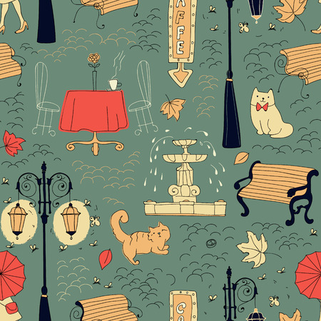 Seamless pattern in draft style with the fountain, lantern, city cats, paving, girl with an umbrella.のイラスト素材