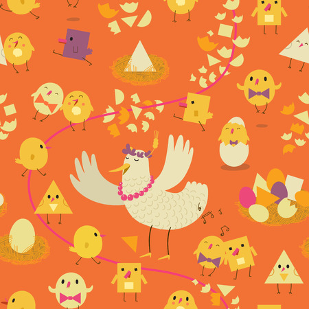 Colorful seamless pattern with the stylized hen, chicken and eggs. Childrens illustrationのイラスト素材