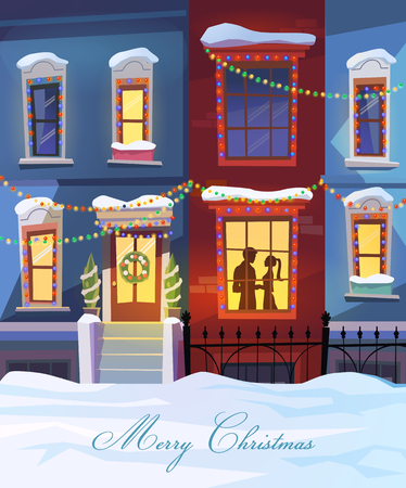 StreetWinter city street with Christmas decorated homes and couple in love. Vector illustration. Can be used as a poster or postcard.のイラスト素材