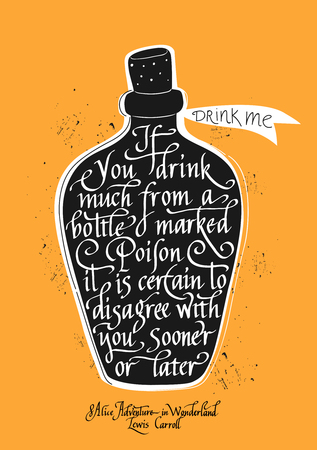 Lewis Carroll Quote. 'Drink me' Hand drawn calligraphy on a bottle illustration.のイラスト素材