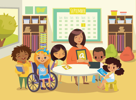 Group of Children and Tiitor with tablets in a classroom. School lesson illustration. Education using the devices. Caring for the disabled child. Handicapped Kid. Vector. Isolated.