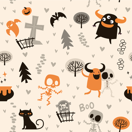 Halloween theme pattern, Cute skeletons and monsters in a forest. Mexican day of the dead theme.のイラスト素材