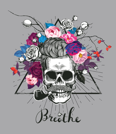 Fashion illustration depicting skull with the rose in his teeth.のイラスト素材