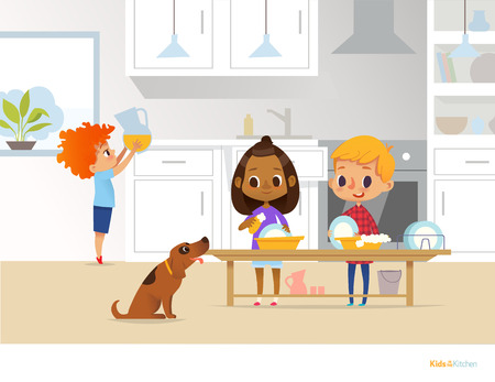 Children cleaning up kitchen. Two multiracial kids washing dishes and boy putting pitcher with drink on table on background. Useful home activities concept. Vector illustration for flyer, website.のイラスト素材