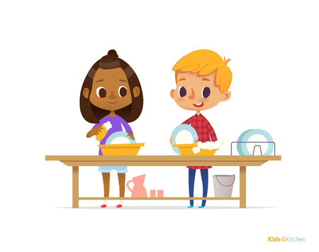 Two happy multiracial kids washing dishes isolated on white background. Children cleaning tableware. Montessori engaging educational activities concept. Vector illustration for flyer, banner, poster.のイラスト素材