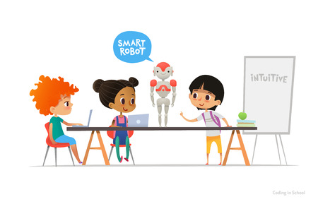 Smiling children sitting at laptops around smart robot standing on table in school classroom.のイラスト素材