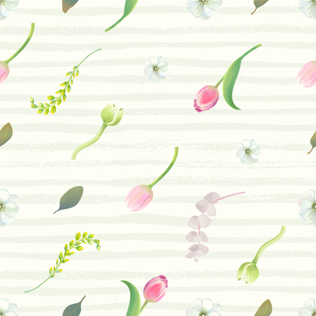 Floral seamless pattern with pink tulips, flower buds, inflorescences and leaves against pale green paint stripes on background. Summer garden backdrop. Vector illustration for wrapping paper.のイラスト素材