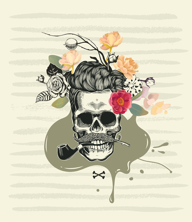 Human skull drawn in retro etching style with half-colored roses decorating its hair, smoking pipe in mouth and mustache against marsh green paint traces and blot on background. Vector illustration.のイラスト素材