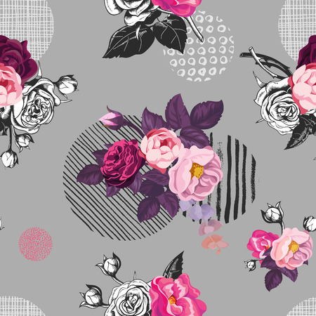Elegant seamless pattern with semi-colored wild rose flowers against gray background with hand painted circular elements of different texture. Vector illustration for fabric print, wrapping paper.のイラスト素材